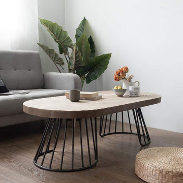47.2" Vintage Oval Coffee Table Solid Wood Table Top Growth Rings Metal Base-Coffee Tables,Furniture,Living Room Furniture